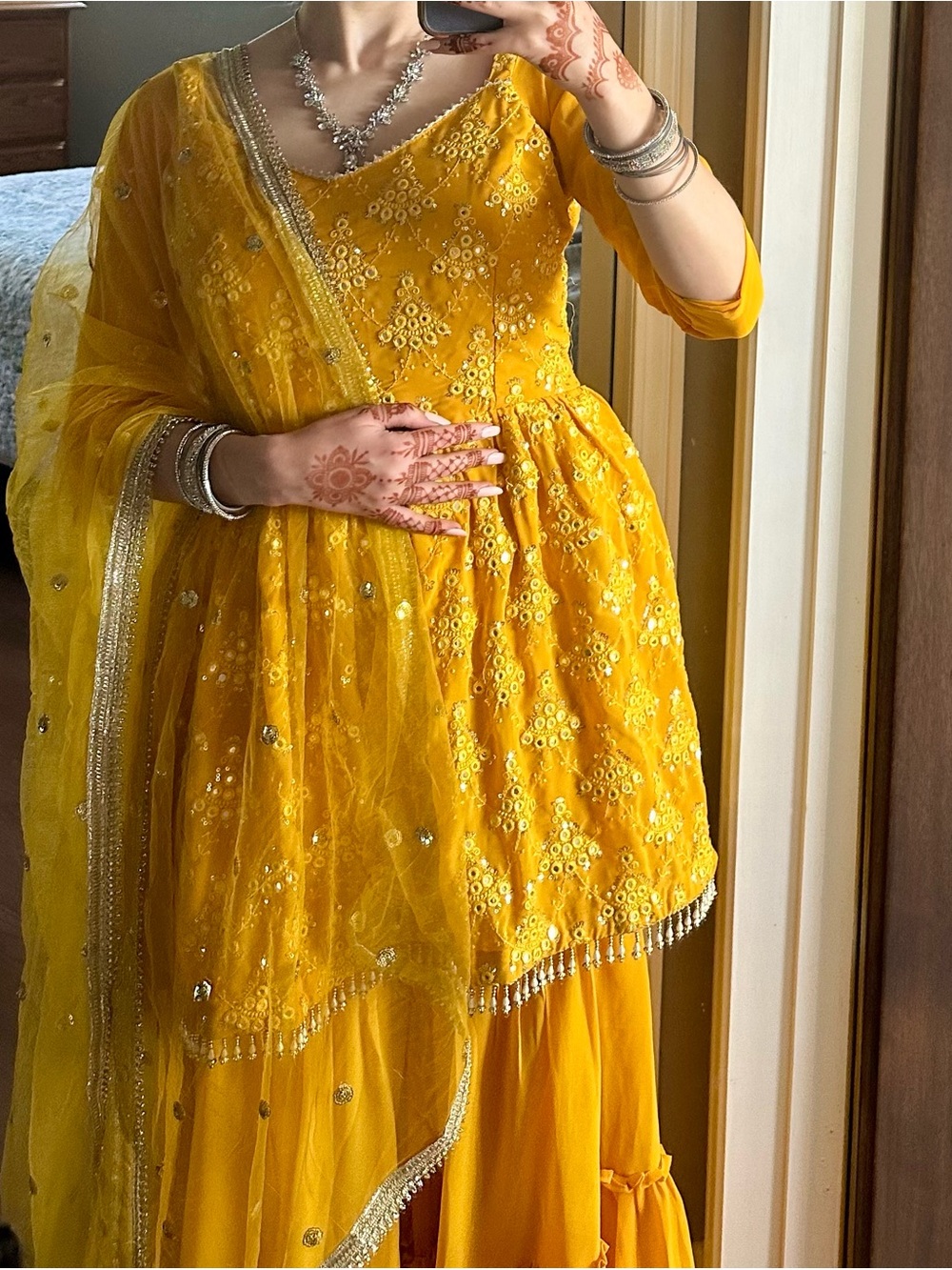 Yellow Embroidered Women's Sharara suit with Dupatta